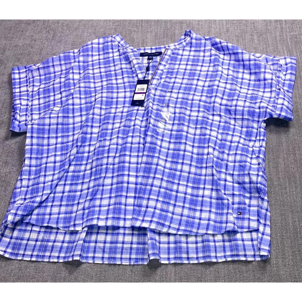 Tommy Hilfiger Tunic Top Womens 2XL Blue White Plaid Short Sleeve Pullover NEW